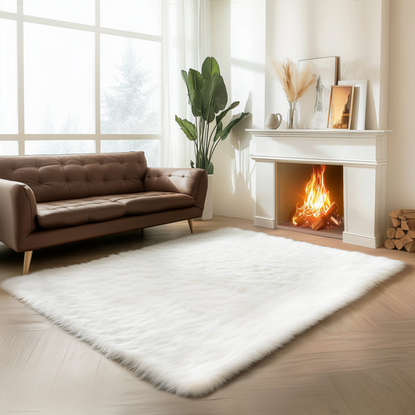 Rosdorf Park Natural White Faux Sheepskin Fur Fluffy Shag Area Rug